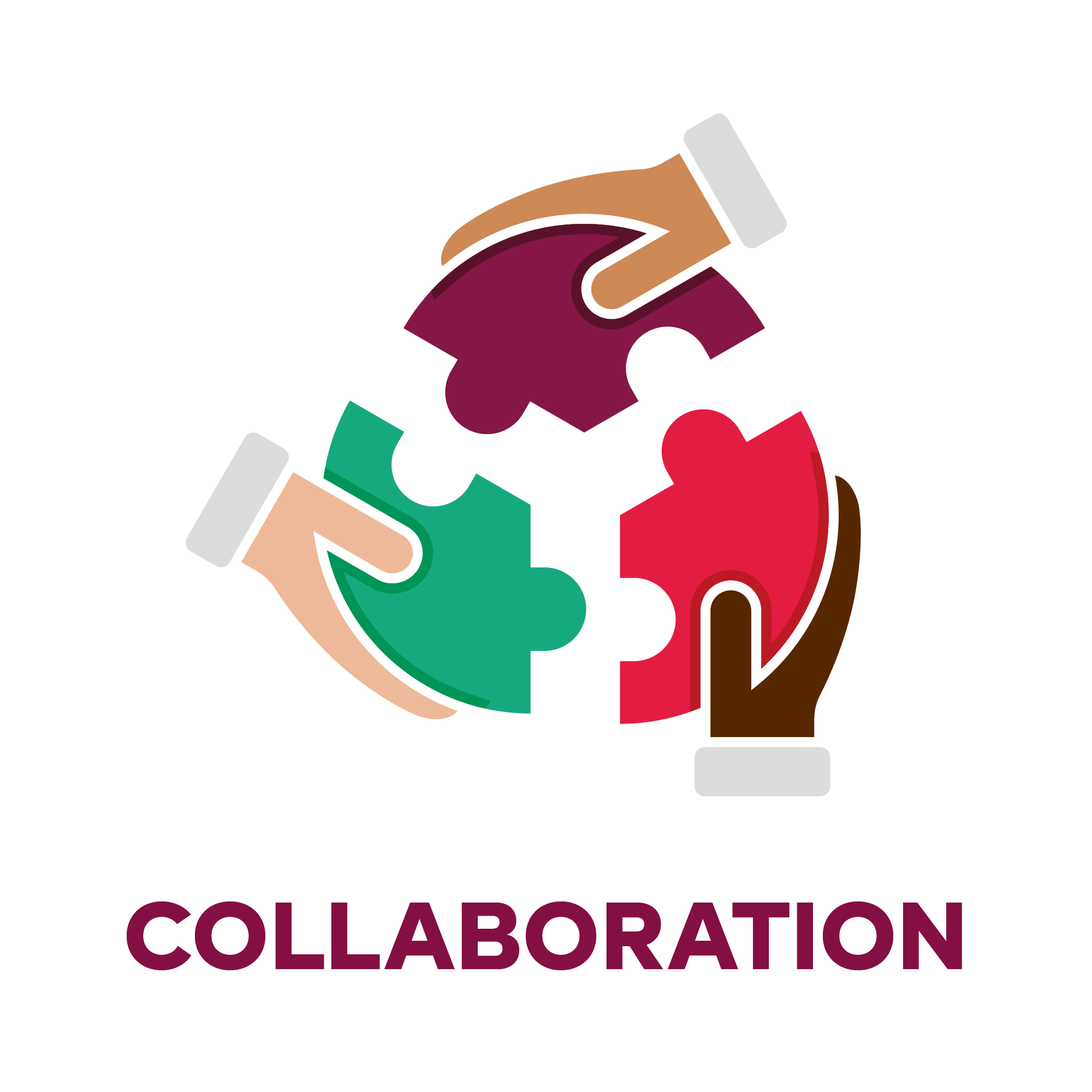 Trois mains placées en cercle tenant des pièces de puzzle, au-dessus du titre Collaboration